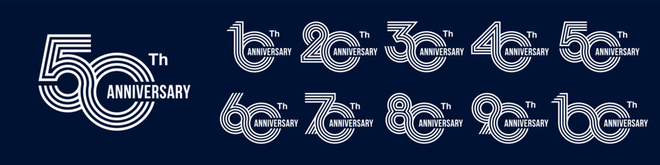 collection anniversary 10 to 100 year logo designs. abstract number for celebration event, wedding, greeting card, and invitation, vector illustration