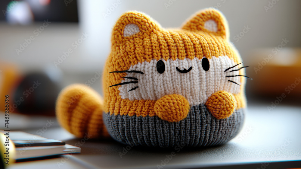 Aufkleber Cute knitted cat plush toy with cheerful expression sits on table, featuring orange and gray colors. Its round shape and soft texture make it adorable decorative item