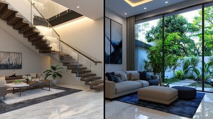 Modern Home Interior Design, Staircase and Living Room, Garden View, Spacious