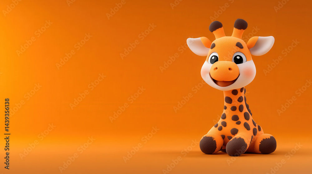 Aufkleber cute inflatable giraffe toy with knitted texture sits cheerfully against vibrant orange background, 