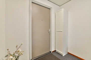 A modern and minimalistic interior hallway featuring a closed door and a simple storage unit against a neutral wall, creating a welcoming atmosphere.
