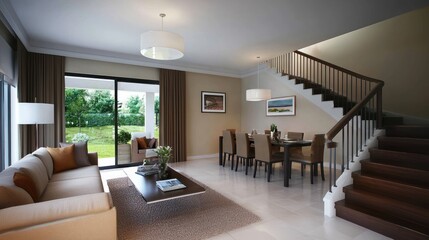 Modern open-plan living-dining area with garden view, staircase, and elegant design