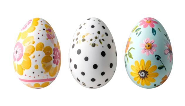Three easter eggs with different patterns isolated on transparent background