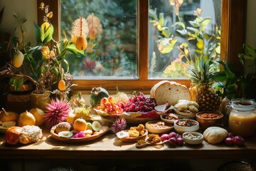 A sunlit windowsill displays an abundant array of tropical fruits, breads, and savory dishes, creating a vibrant and inviting still life.