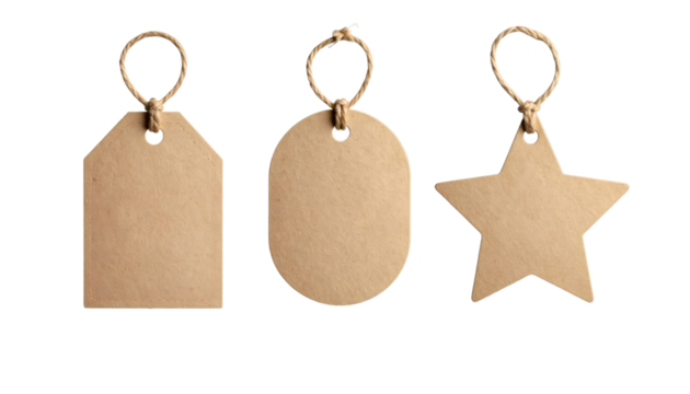 Set of three blank cardboard gift tags with different shapes hanging on string, isolated on transparent background