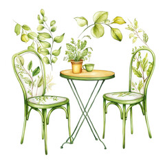 An idyllic watercolor cafe scene presents chairs and table with greenery.