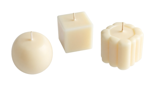 Set of three handmade scented candles with different shapes isolated on transparent background