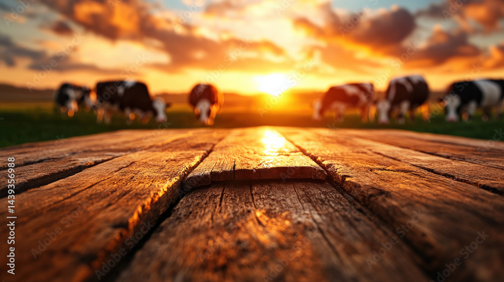 Poster beautiful wooden table with rustic texture is set against vibrant sunset, with cows grazing in backg