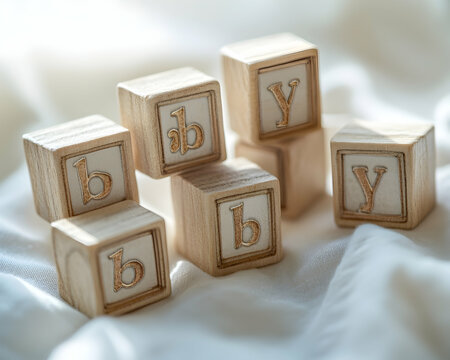 Wooden blocks with letters b and y stacked on soft white fabric creating a warm and inviting atmosphere