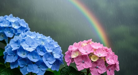 Hydrangea blossoms in the rain with a vibrant rainbow shining behind