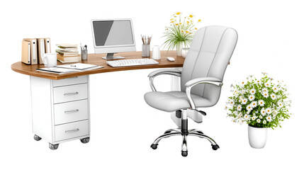A bright home office boasts a computer and white ergonomic chair for work.