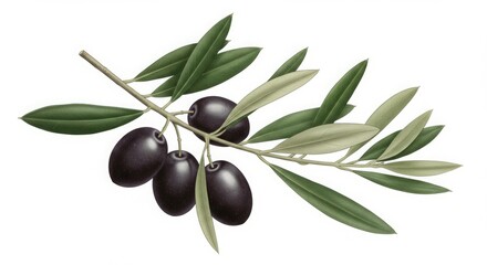 Illustration of olive branch with leaves and black olives on white