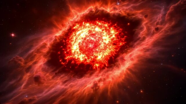 Red supergiant collapsing into powerful supernova explosion in deep space with glowing cosmic dust and energy burst

