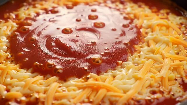 Simmering Tomato Sauce Bubbling Atop Shredded Cheddar Cheese With Warm Color and Studio Light Food Theme