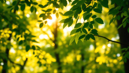 Obraz premium Sunlit Green Leaves in a Forest with Natural Light Filtering Through