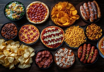 A colorful and diverse spread of party snacks featuring pizza, chips, hot dogs, and various side dishes perfect for gatherings and celebrations