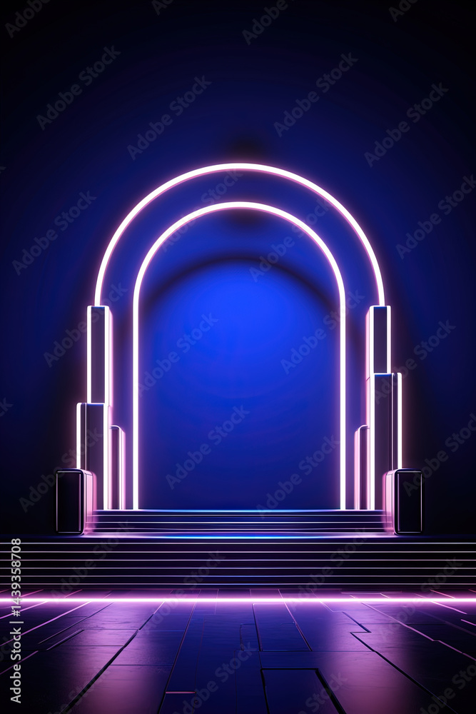 Poster neon arch in dark blue lights room with clouds. abstract background for party stage or product displ