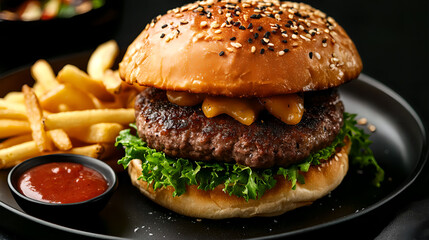 Classic burger with golden brioche bun, thick and juicy beef, served on a black ceramic plate with fries, Ai generated images.