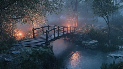 Misty forest bridge at dawn