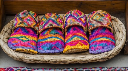 Four colorful, patterned slippers in a woven basket