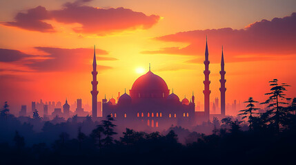 Fototapeta premium A silhouette of a grand mosque at sunset with an orange sky and trees