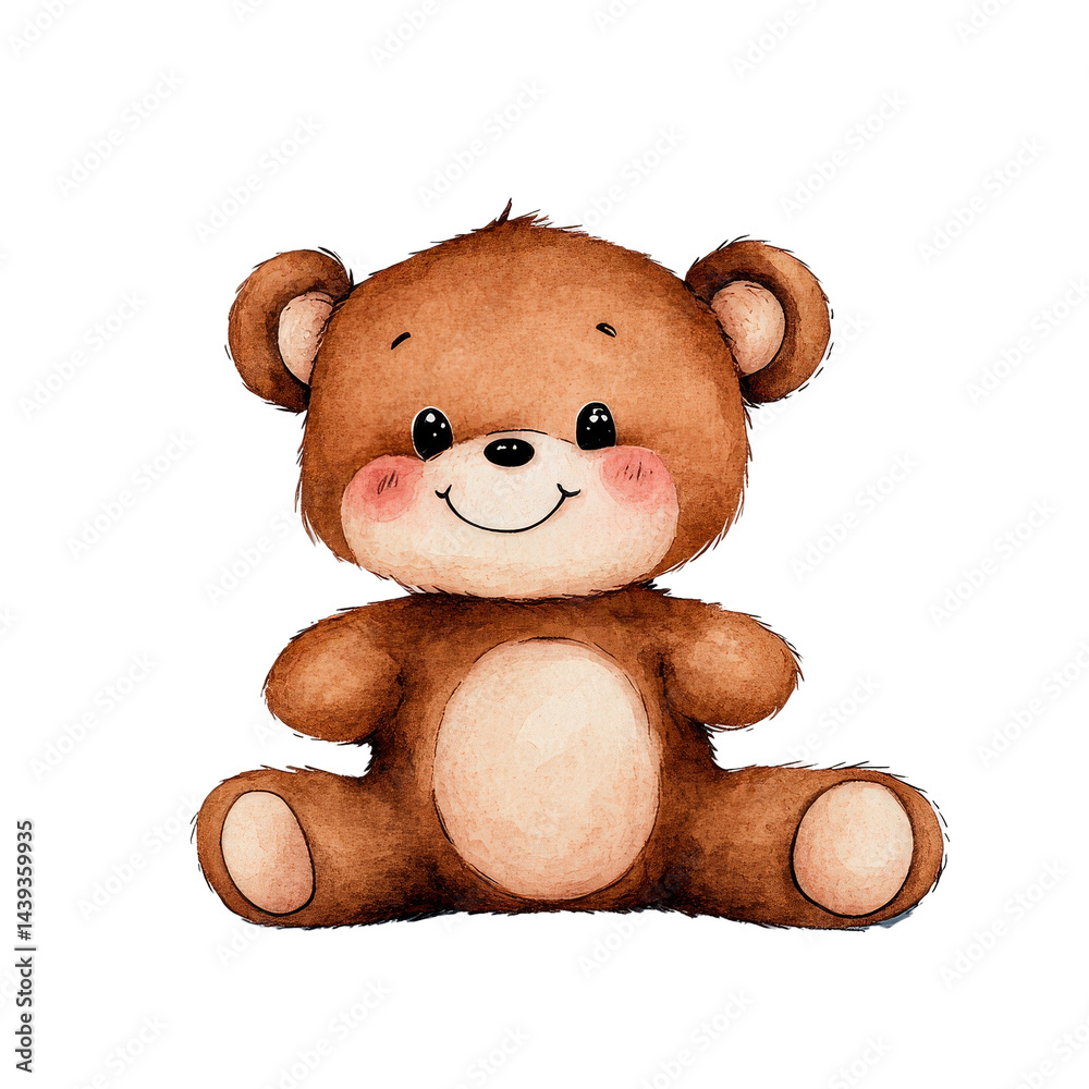 Poster cute doodle character of small round bear with oversized features, sitting happily with friendly exp