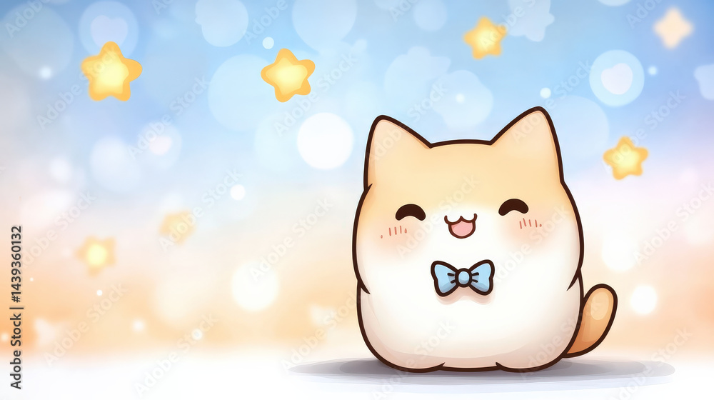 Poster cute hand drawn doodle of smiling kitten with oversized eyes and bow tie, surrounded by glowing star