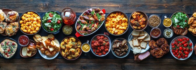Fototapeta premium Abundant Array of Colorful Dishes on Rustic Wooden Table Featuring Appetizers, Salads, Meats, Vegetables, and Sauces for a Lavish Gathering or Feast
