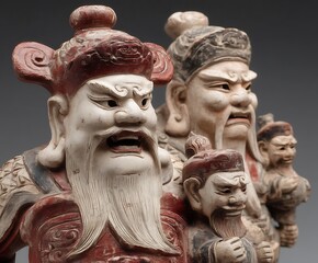 Obraz premium The photograph shows two sculptures of male figures, possibly deities or warriors, adorned with facial hair and headwear. Each is accompanied by miniature figures