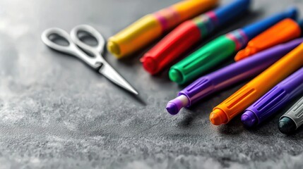 Fototapeta premium Colorful markers and scissors on a gray surface
