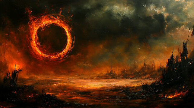 Fiery ring shines over a dark burning landscape with ominous clouds above city silhouettes hellish vision