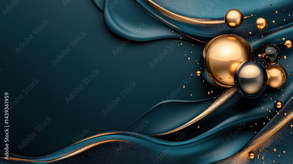 Poster minimalistic classy background in deep teal with gold accents, featuring abstract flowing shapes and