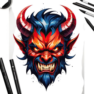 Illustration of a red and blue devil with sharp teeth on transparent background