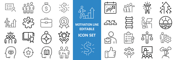 Motivation line editable icon set. Containing personal growth, goal setting, perseverance, achievement, teamwork, passion, thumbs up, and more. Vector illustration