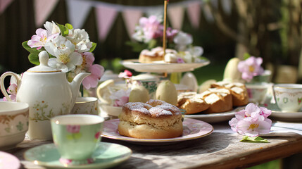 Elegant English Easter tables with daffodils, painted eggs, pastel tableware, gold cutlery and florals in full bloom, celebrating springtime beauty with a countryside charm fit for a manor garden