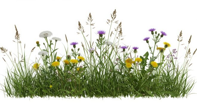 Wildflower meadow with dandelions thistles and grasses on white background