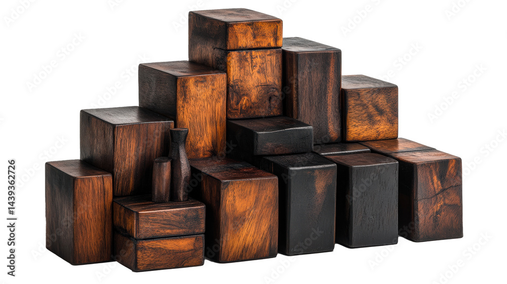 Aufkleber pyramid of polished wooden blocks showcases rich, dark grains and smooth textures, creating visually