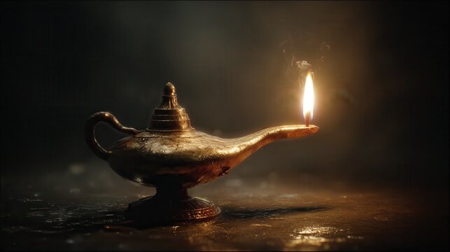 the jinn in the lamp, a very simple gold lamp, in the dark... with a small amount of light from a candle.