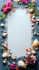 Seashells and vibrant pink flowers frame a blank canvas on a textured blue surface with sand