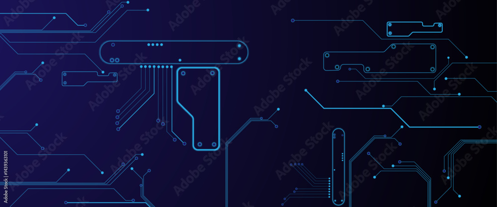 Poster Vector illustration fantastic digital technology. Technology lines circuit and dots on blue background, circuit board network connection.