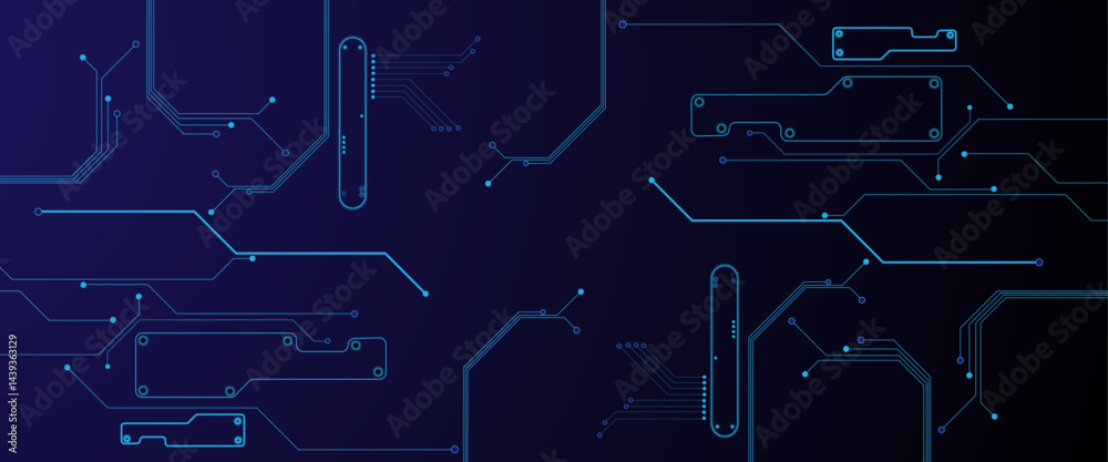 Poster vector illustration fantastic digital technology. technology lines circuit and dots on blue backgrou