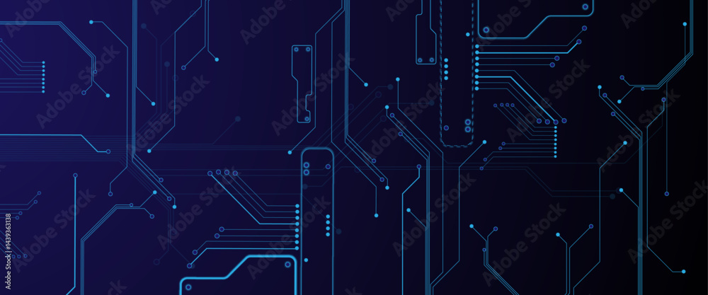 Aufkleber Glowing light blue neon AI chip with thin circuit contact lines. Technology lines circuit and dots on blue background, circuit board network connection.