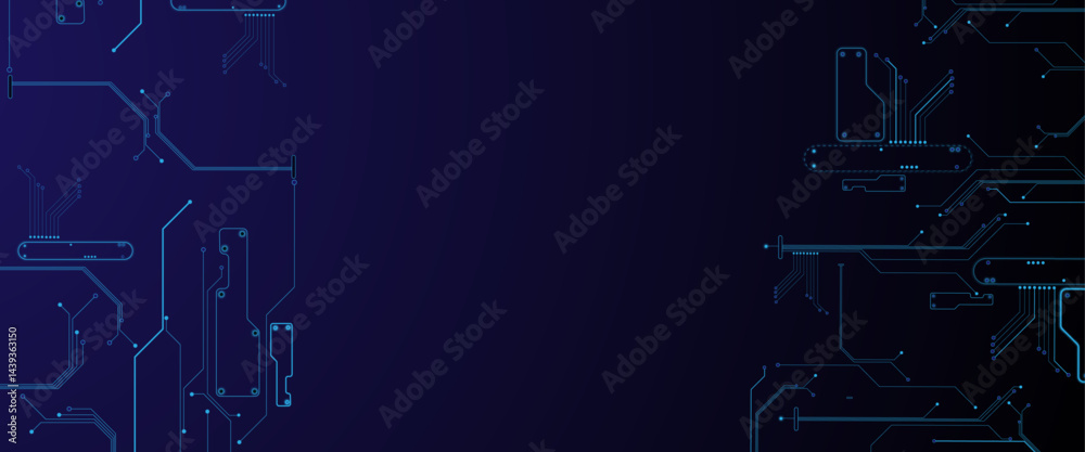 Poster Glowing light blue neon AI chip with thin circuit contact lines. Technology lines circuit and dots on blue background, circuit board network connection.