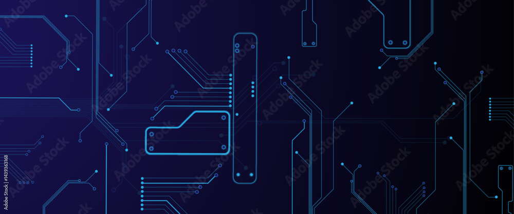 Leinwandbilder Glowing light blue neon AI chip with thin circuit contact lines. Technology lines circuit and dots on blue background, circuit board network connection.