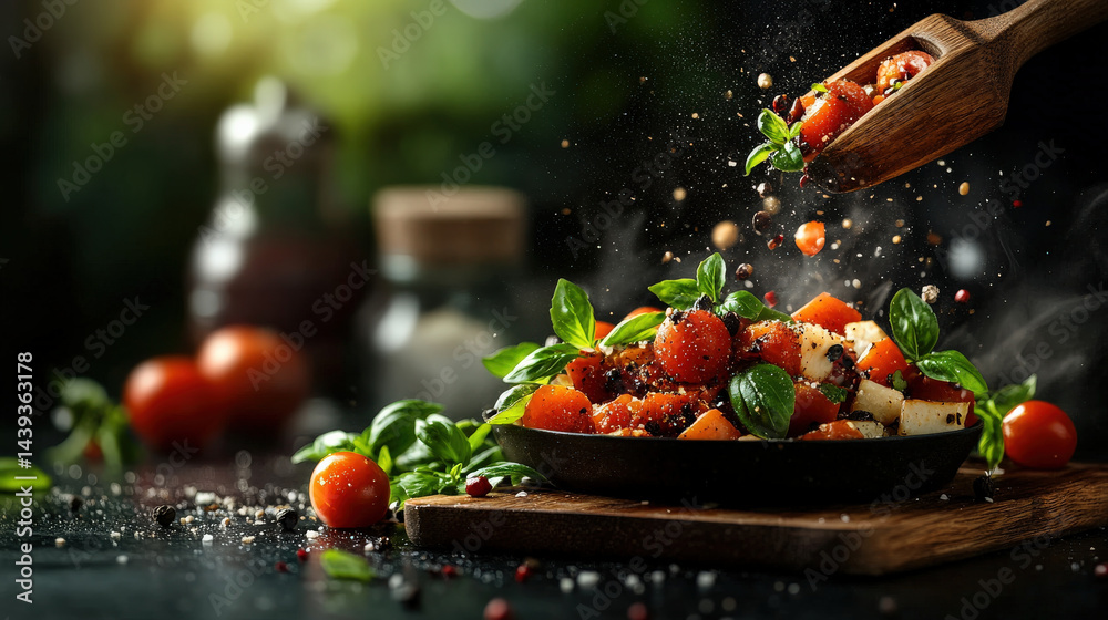 Poster Vibrant salad with fresh tomatoes, basil, and spices being tossed in bowl, creating dynamic and appetizing scene. background is softly blurred, highlighting colorful ingredients