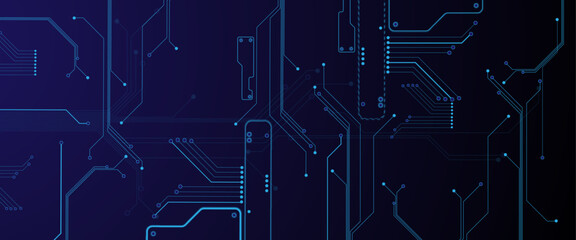 Glowing light blue neon AI chip with thin circuit contact lines. Technology lines circuit and dots on blue background, circuit board network connection.
