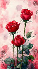Three vibrant red roses stand tall against a pink watercolor backdrop with added rose sketches