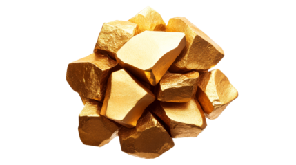 Gold nugget heap on black background, cut out transparent