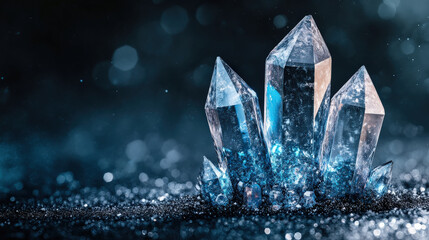 Obraz premium Cluster of clear quartz crystals stands out against dark, sparkling background, showcasing their natural beauty and intricate details. hyperdetailed closeup highlights mineral transparency