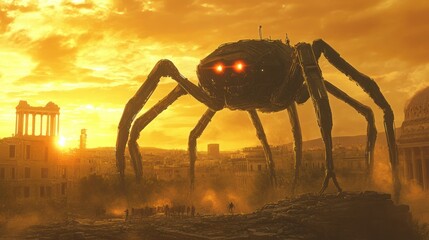 The cyborg's insect-like body and robotic limbs are raised, and its glowing optics focus on any movement in the ruins below.